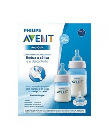 KIT MAMADEIRA ANTI COLIC AZUL 260 ML E 125 ML E BICO 4 / SCD809/37